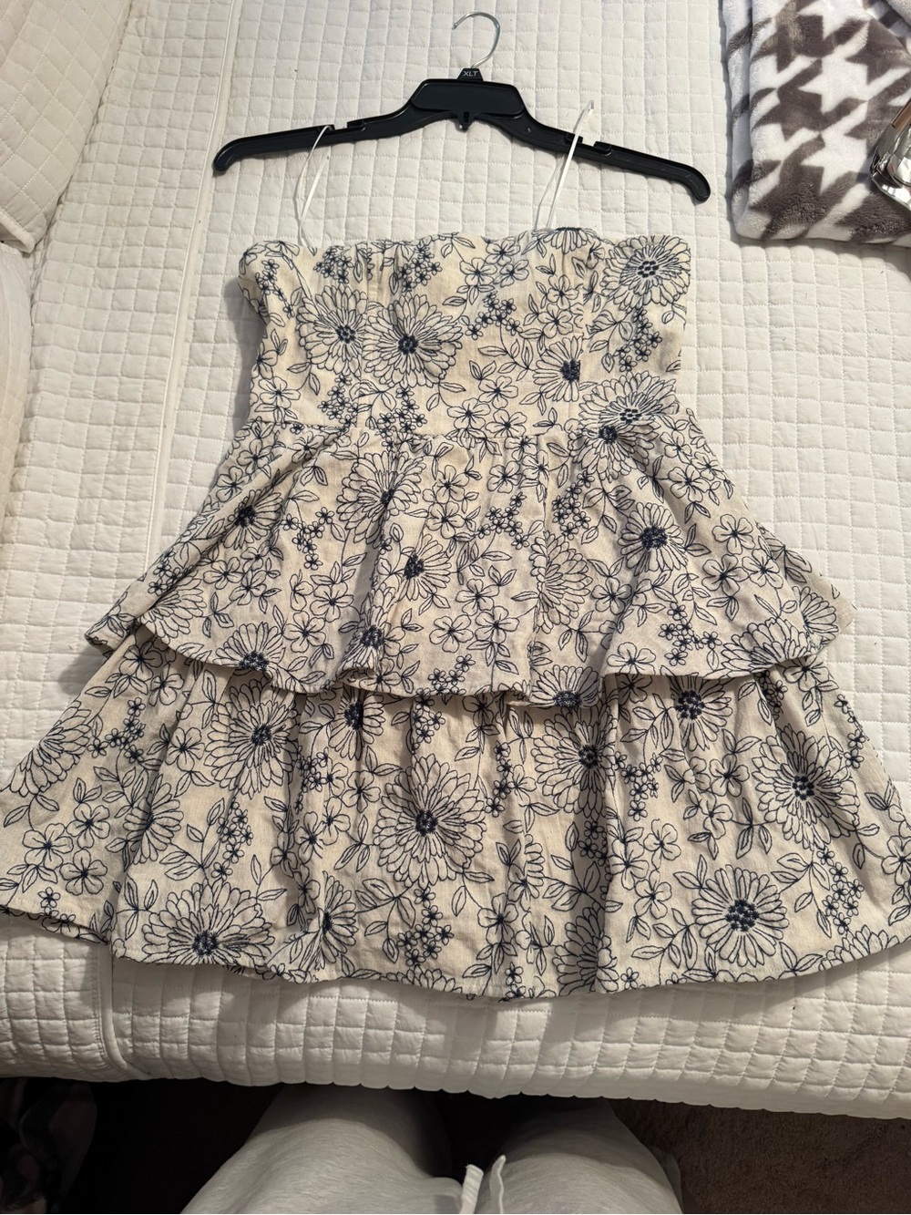 Womens Cream Floral Tiered Dress with Blue Print